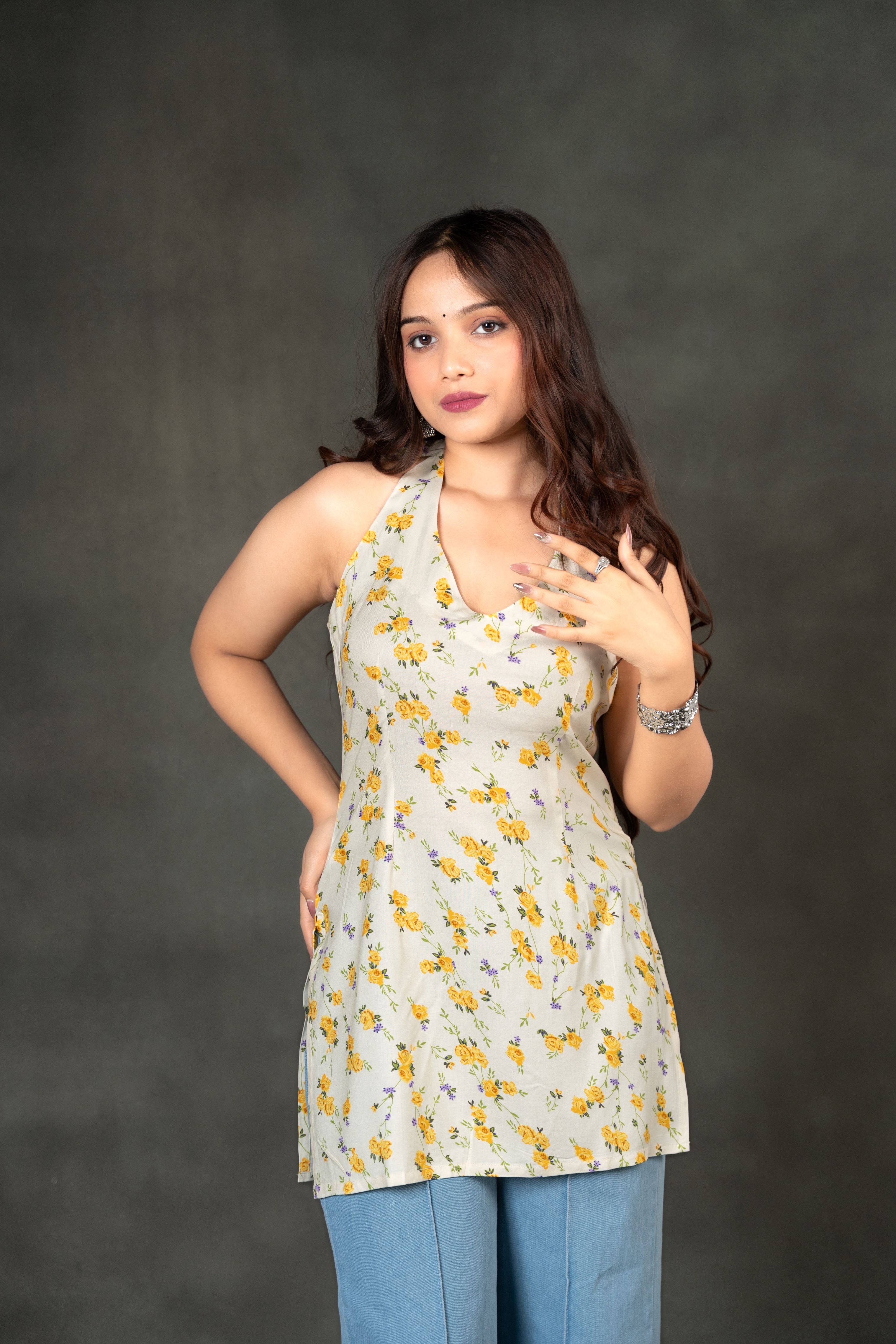 AARSI Khushi Yellow Tiny Floral Halter Kurti