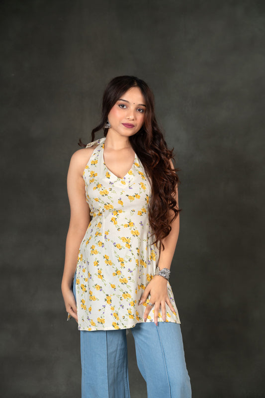 AARSI Khushi Yellow Tiny Floral Halter Kurti