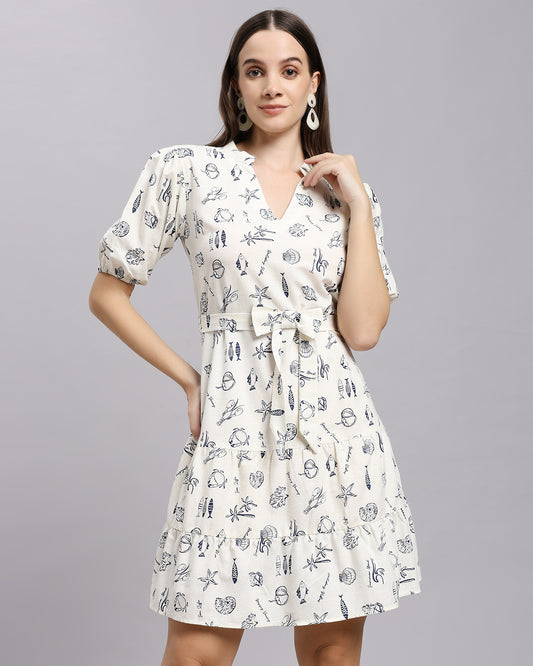 Marine Sketch Notch-Neck Belted Puff-Sleeve Dress