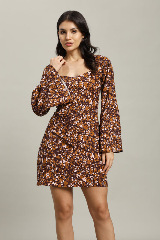 Autumn Mirage Open-Back Flared-Sleeve Mini Dress
