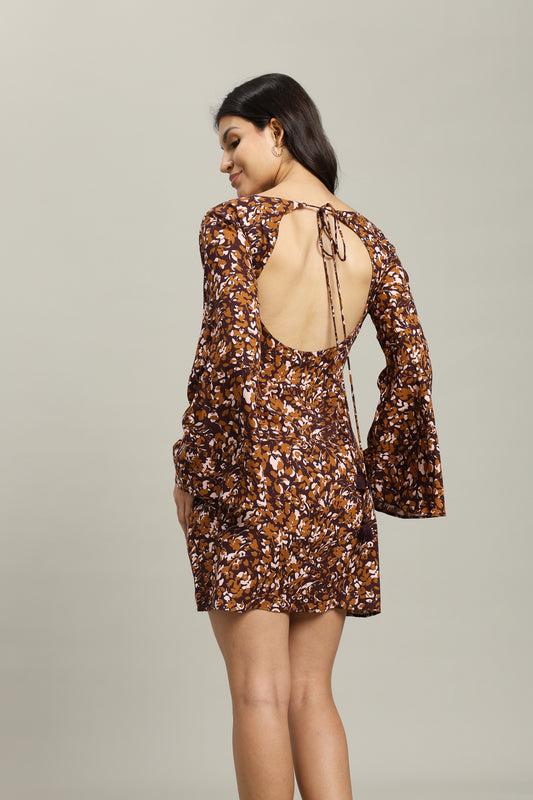 Autumn Mirage Open-Back Flared-Sleeve Mini Dress