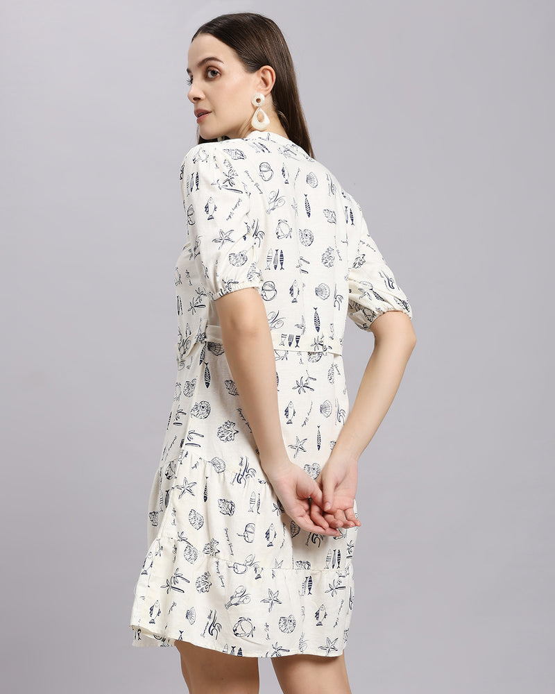 Marine Sketch Notch-Neck Belted Puff-Sleeve Dress