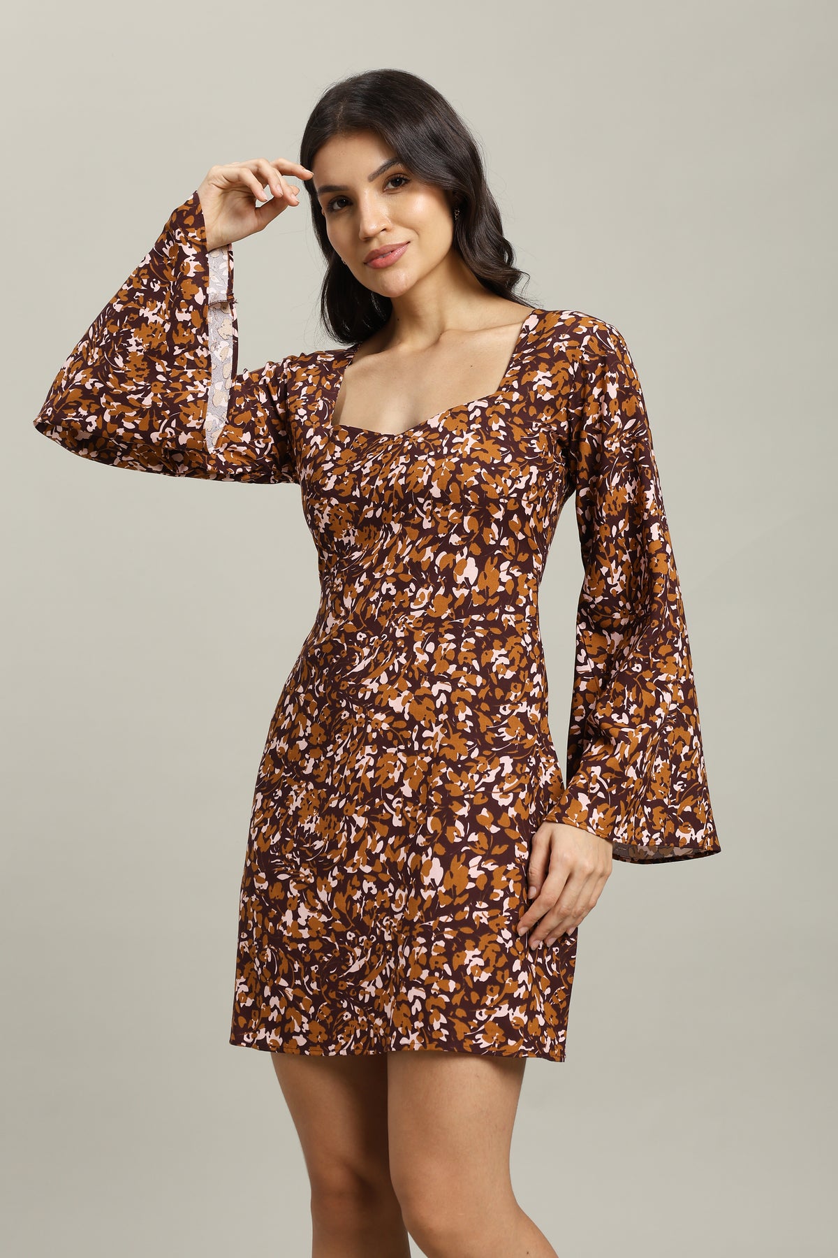 Autumn Mirage Open-Back Flared-Sleeve Mini Dress