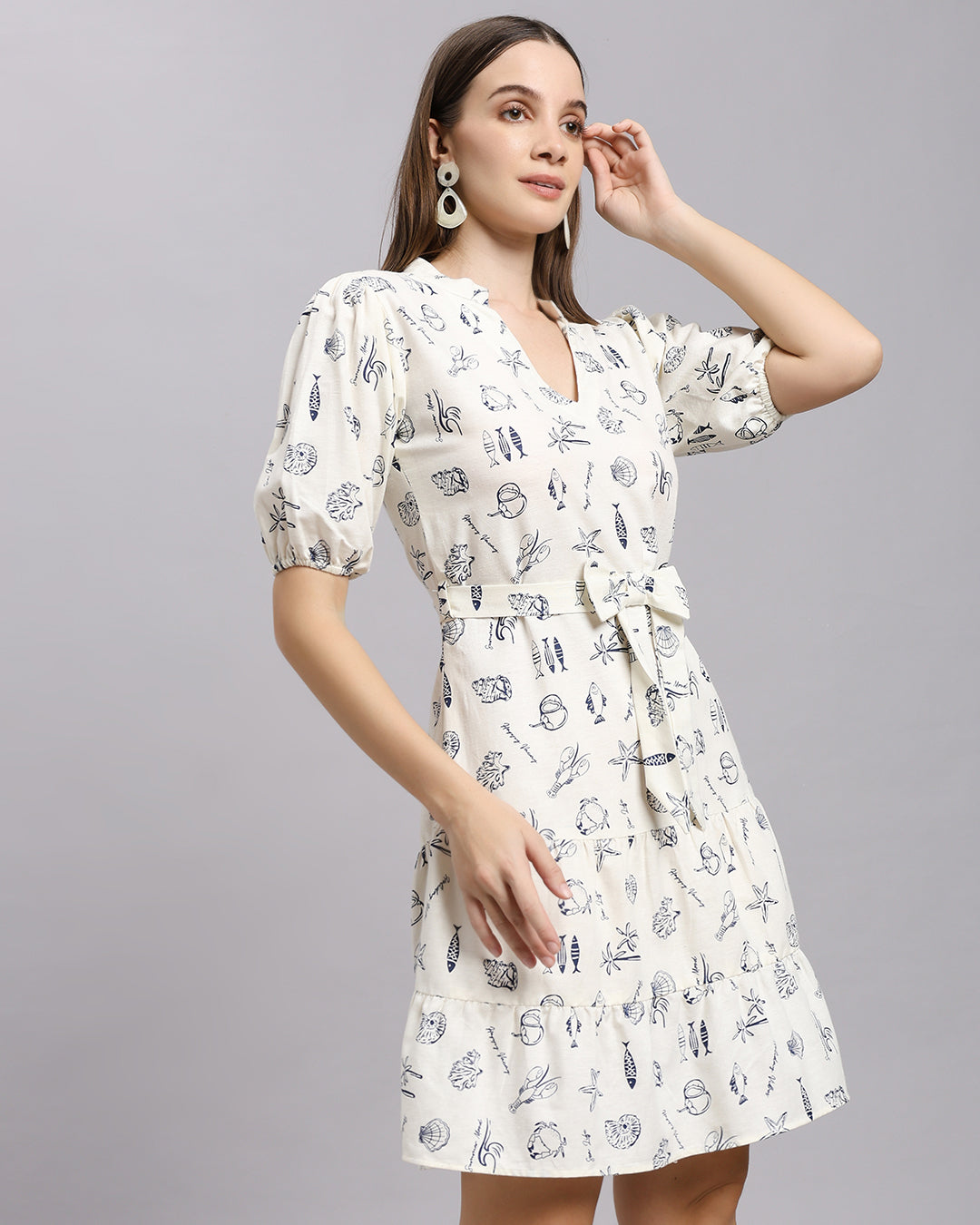 Marine Sketch Notch-Neck Belted Puff-Sleeve Dress