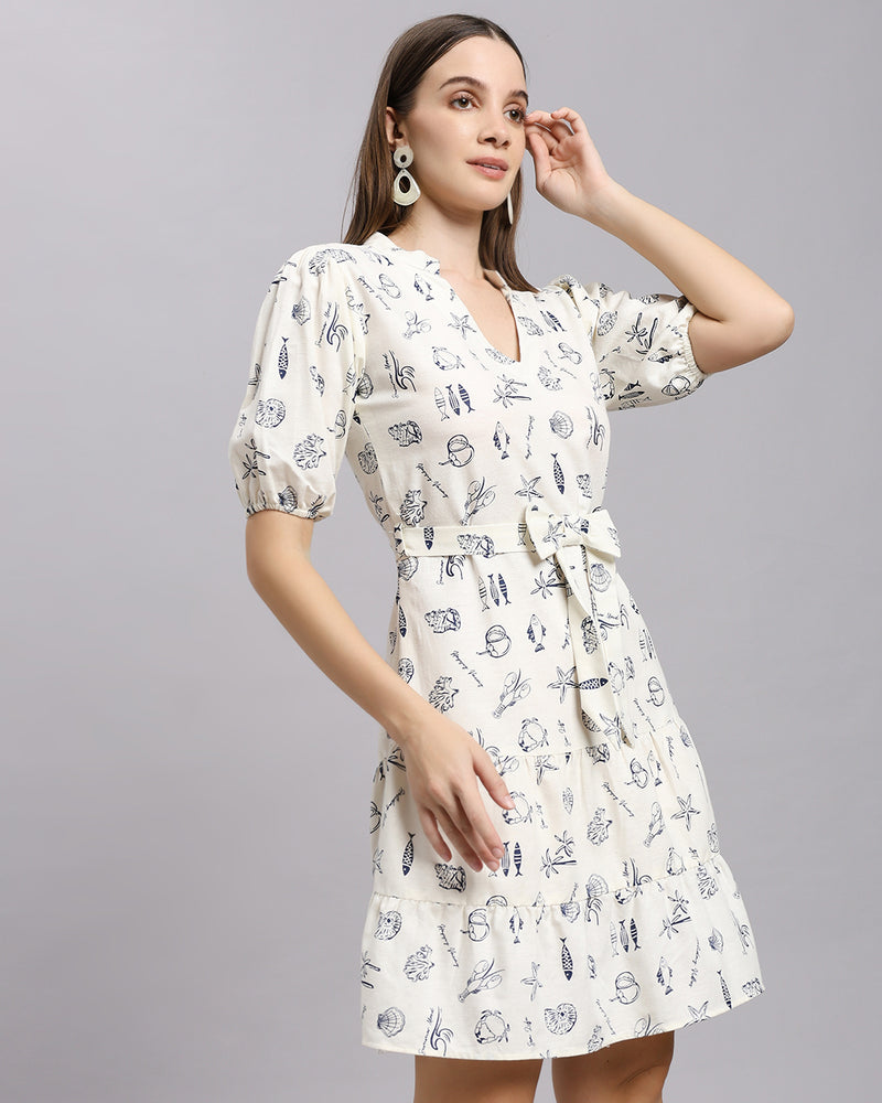 Marine Sketch Notch-Neck Belted Puff-Sleeve Dress