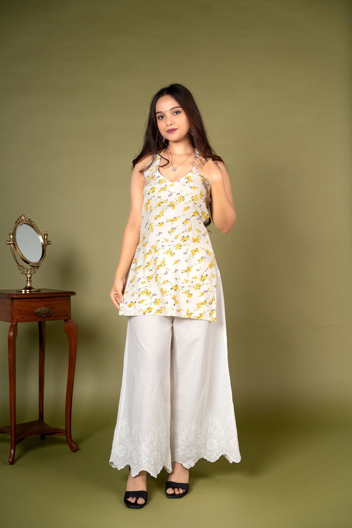 AARSI Khushi Yellow Tiny Floral Halter Kurti