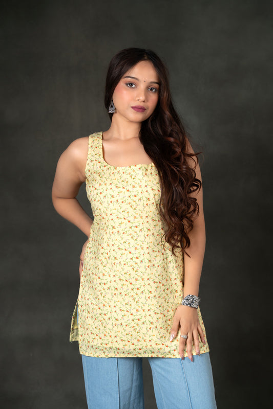 AARSI Shifa Pink Floral Block Print Square Neck Kurti