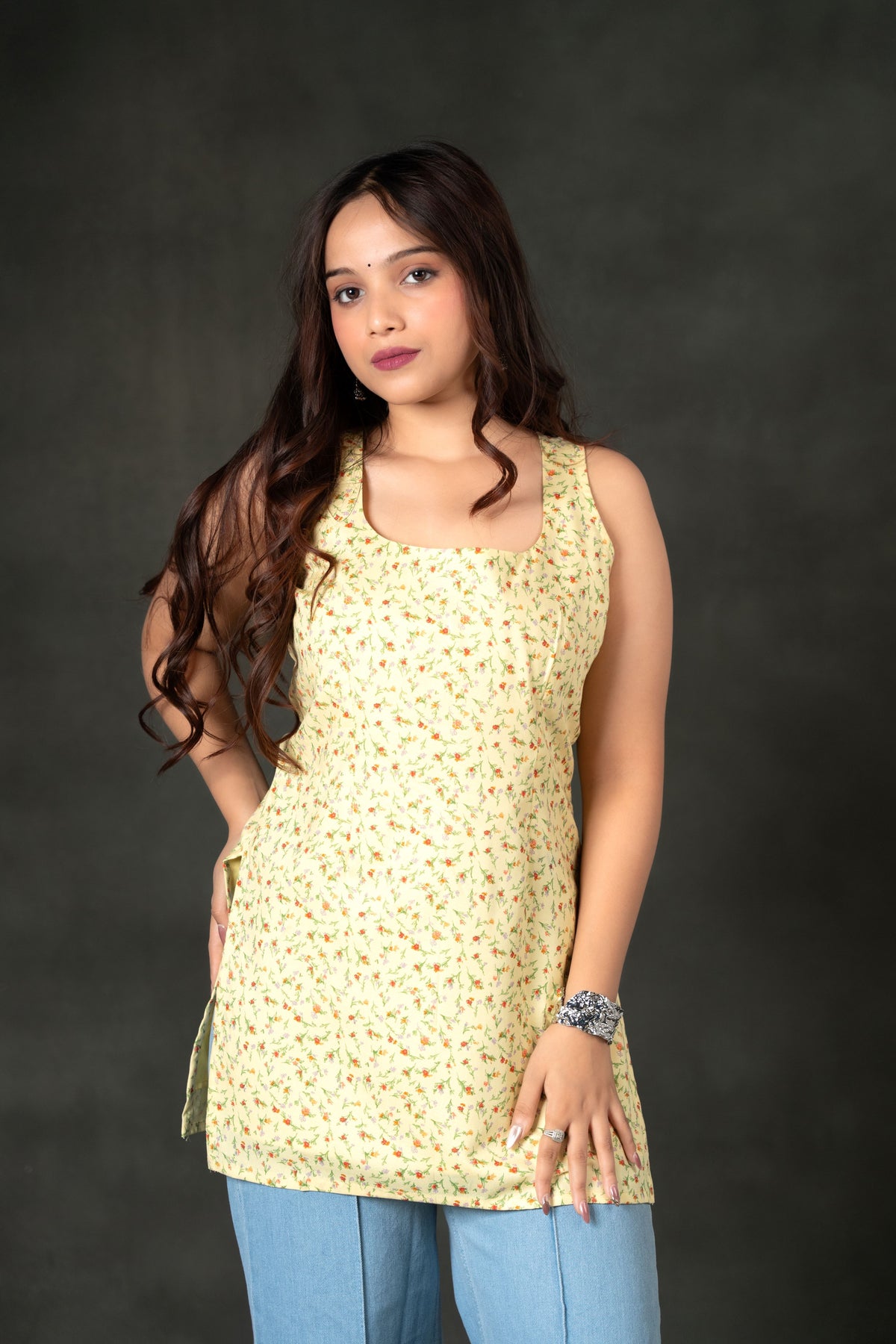 AARSI Shifa Pink Floral Block Print Square Neck Kurti