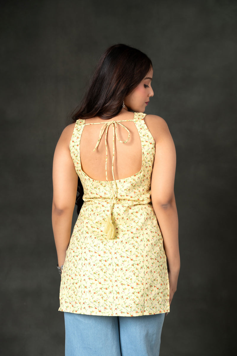 AARSI Shifa Pink Floral Block Print Square Neck Kurti