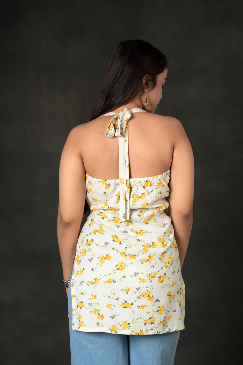 AARSI Khushi Yellow Tiny Floral Halter Kurti
