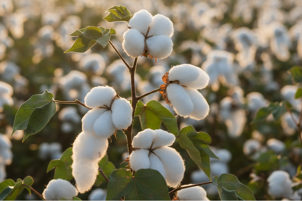 a cotton field focusing on a single plant