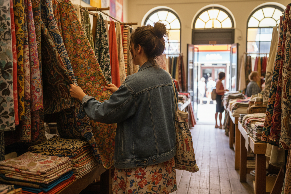 a girl thrifting fabrics only her back angle should be shown , girl in a messy bun and tote bag on shoulder